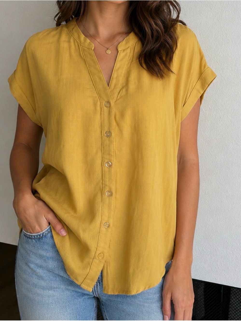 Short-Sleeve Button Front Top in Mustard Yellow